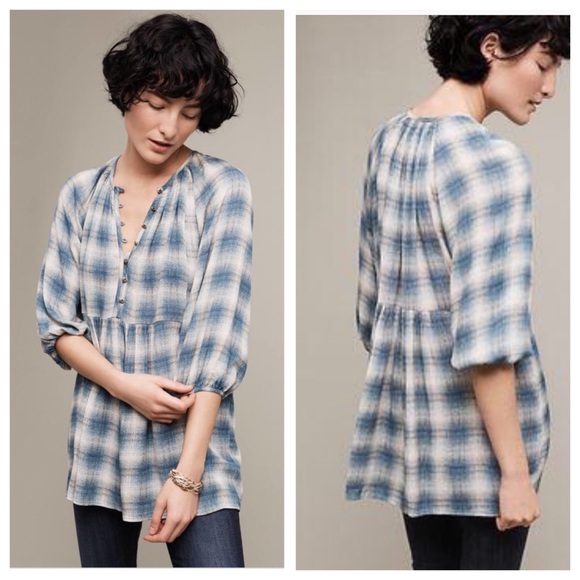 Maeve Tops - ANTHRO Maeve Calavon Plaid Peplum Button
